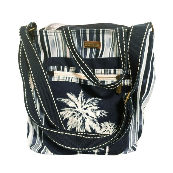 Sun N Sand Paul Brent Canvas Crossbody Tote Bag Navy Blue 3 Palm Trees - Picture 1 of 10